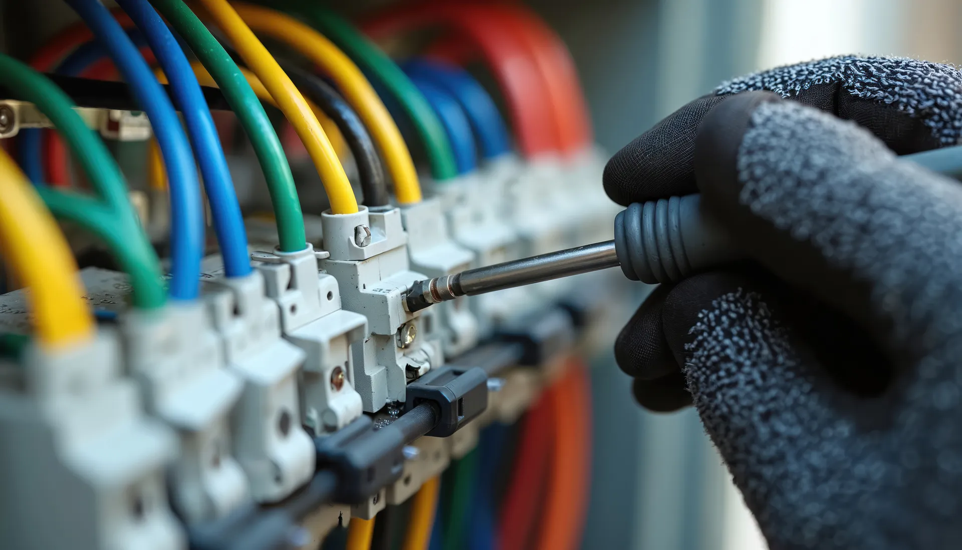 A gloved hand using a screwdriver to work on electrical connections with colorful wires.