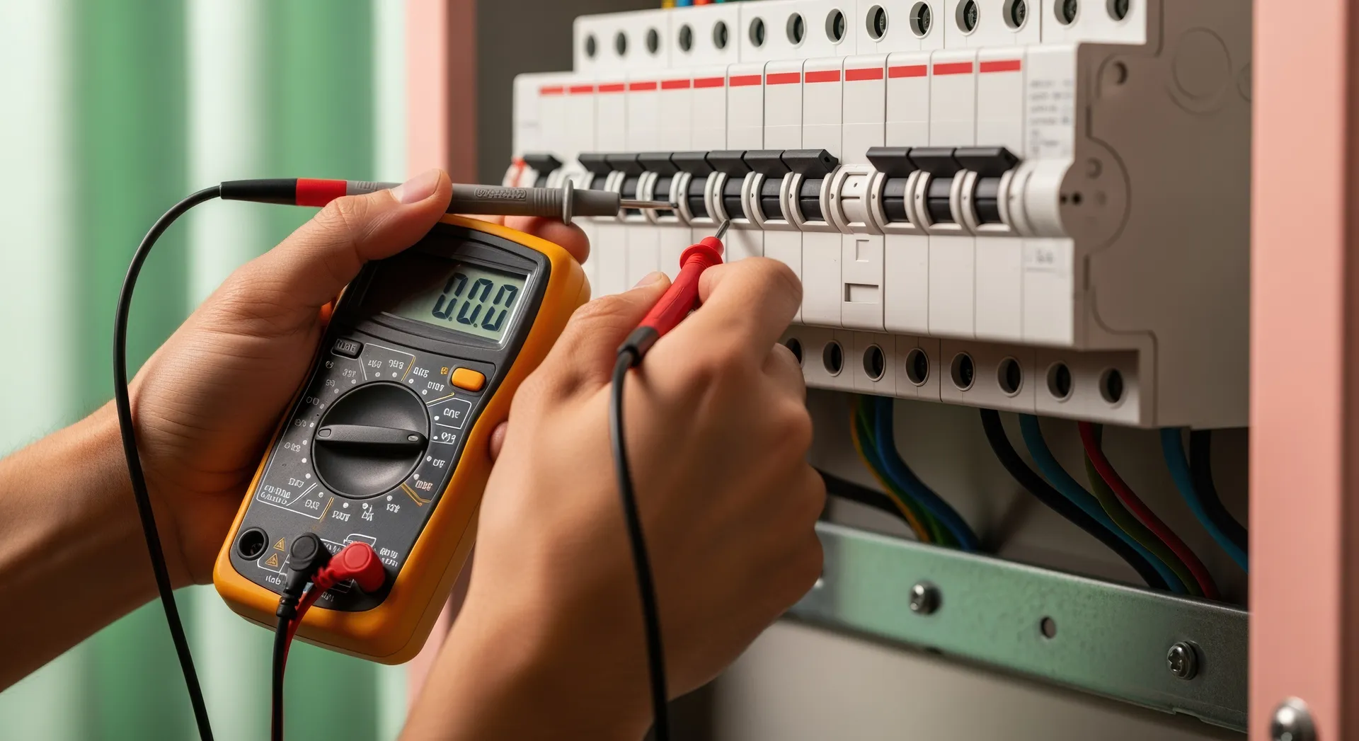 A person using a multimeter to test electrical connections on a circuit breaker panel.