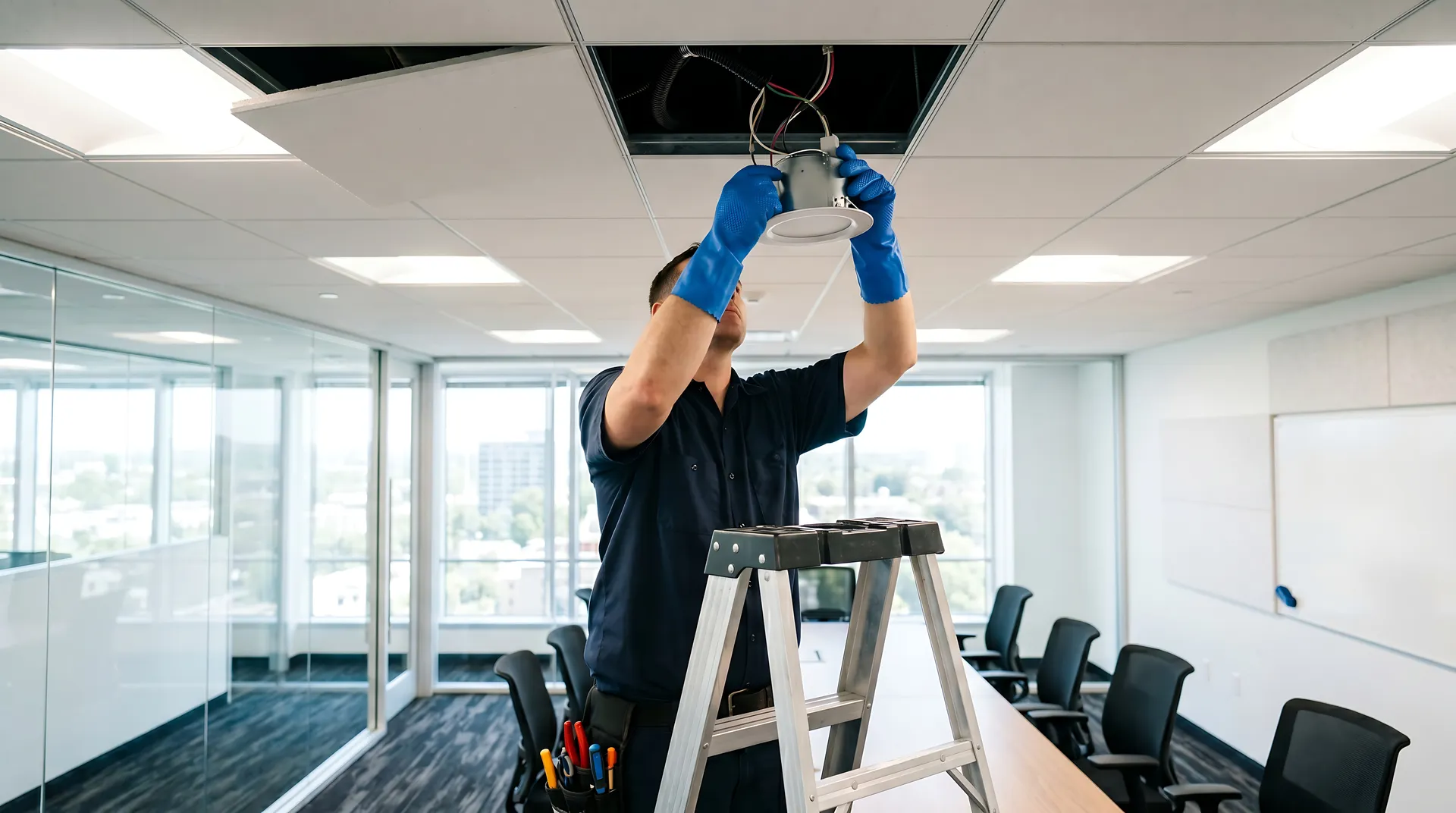 A technician in blue gloves is standing on a ladder and installing something in a ceiling panel in an office space.