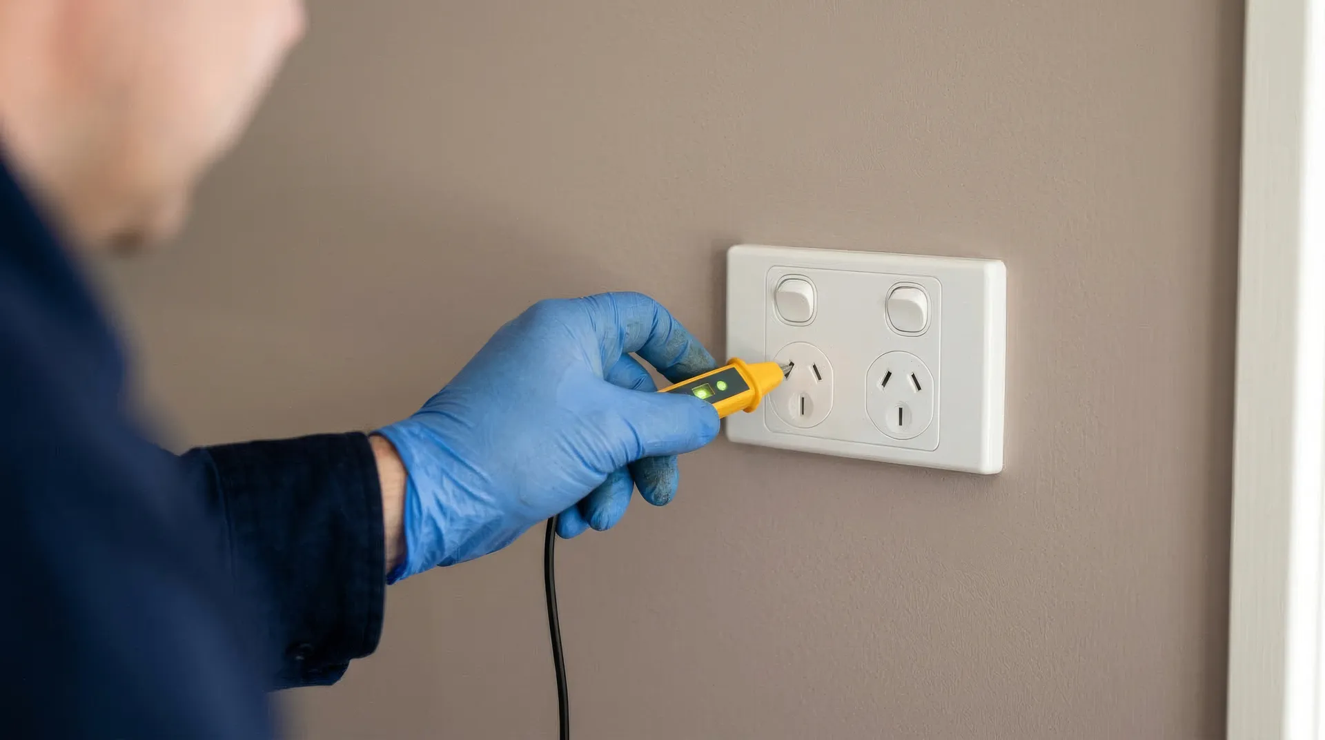 A person wearing blue gloves uses a multimeter to test a wall electrical outlet.