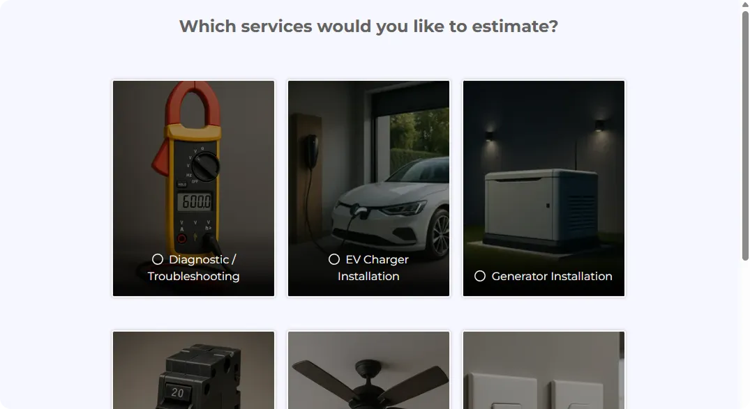 Which services would you like to estimate? Diagnostic/Troubleshooting, EV Charger Installation, Generator Installation.