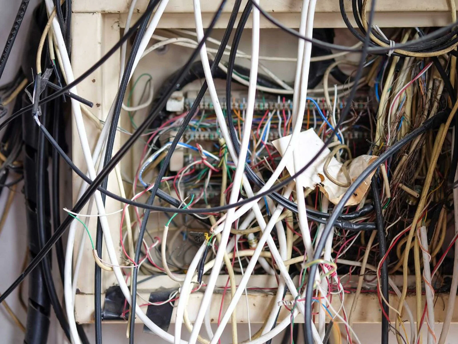 A chaotic assortment of tangled wires and cables, with a circuit board partially visible in the background.