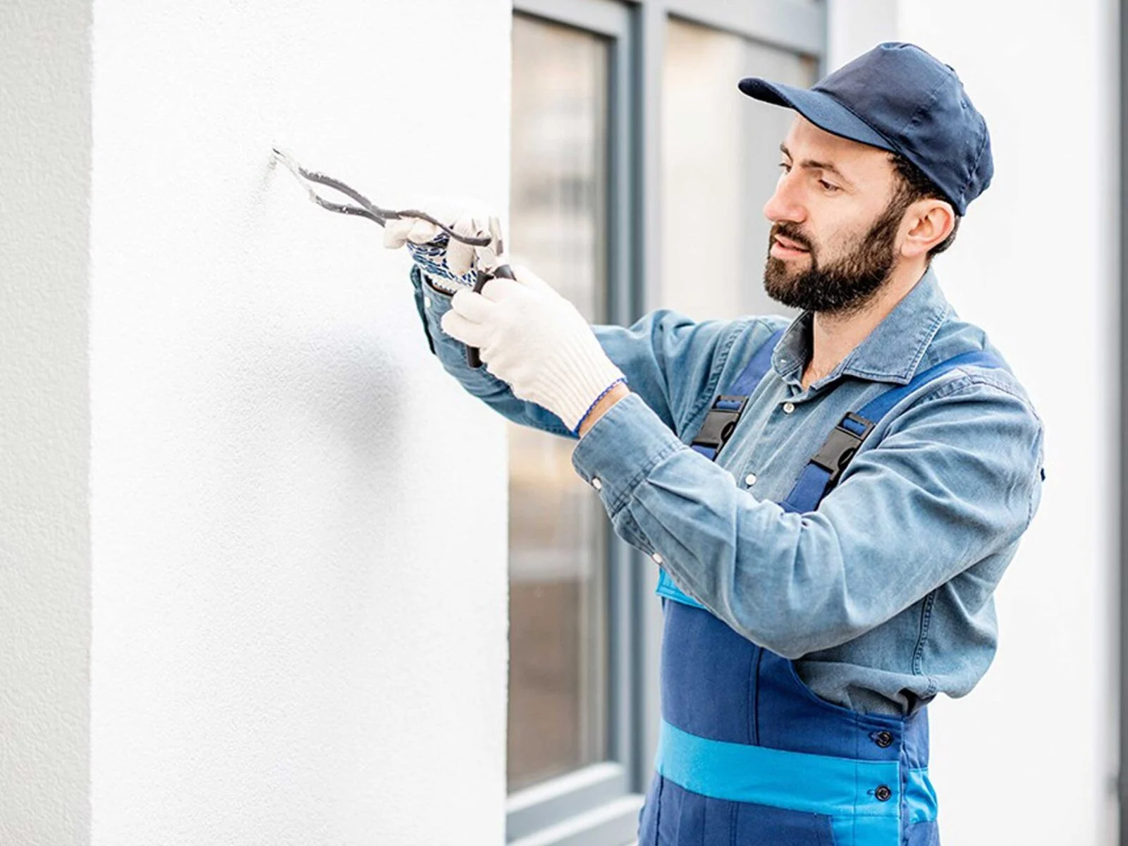 A worker in a blue shirt and cap is using a tool to work on a white wall.