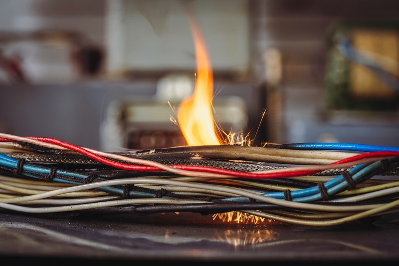 A bundle of electrical wires with a flame and sparks emerging from them, indicating potential electrical hazards.