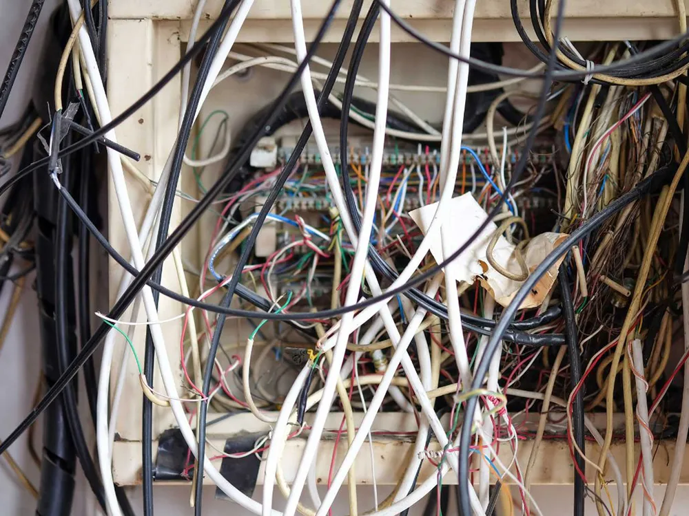 A messy array of tangled electrical wires and cables near a circuit board.